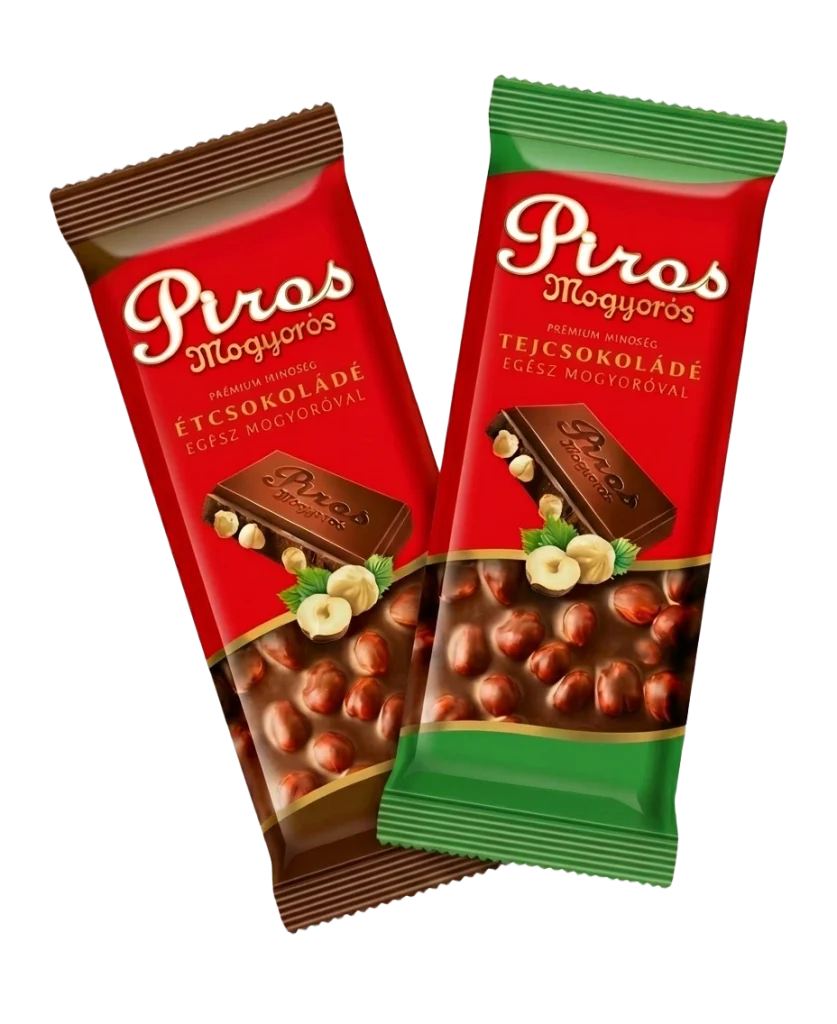 Piros Mogyorós tej- és étcsokoládé egész mogyoróval
